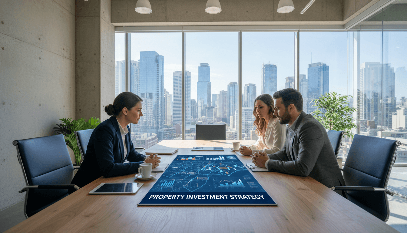 Real estate professional consulting with clients about property investment opportunities