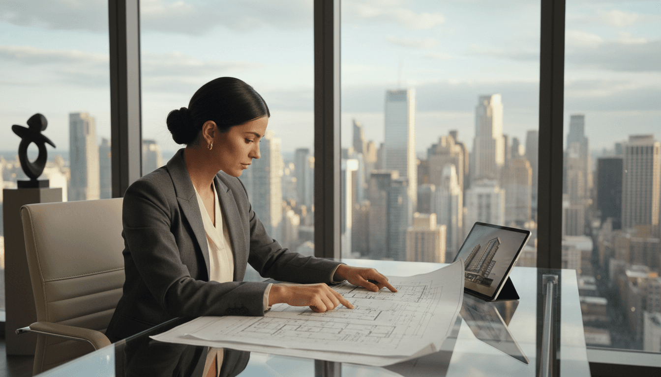Real estate professional reviewing property investment and development plans